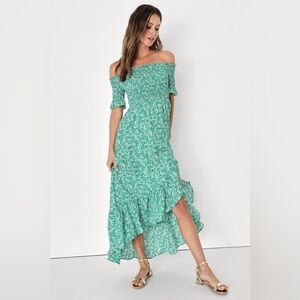 Lulus Fleur-tation Green Floral Print Off-the-Shoulder Midi Dress